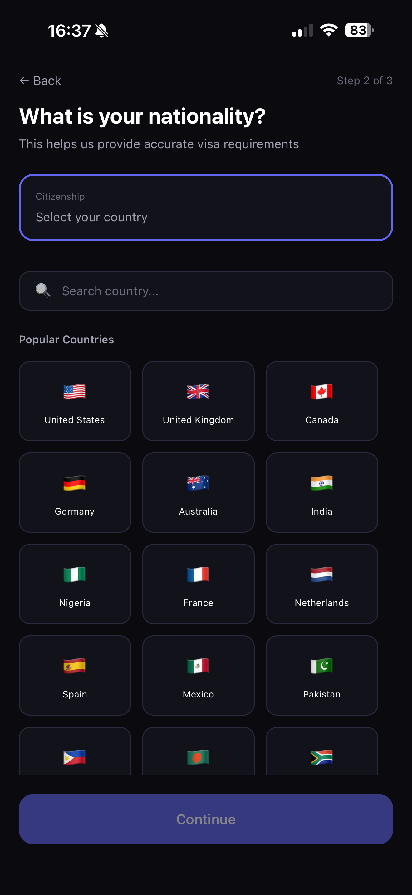 MoveAtlas - What is your nationality? Personalized onboarding screen